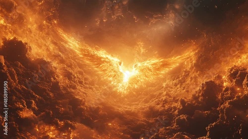 Majestic fiery phoenix rising amidst dramatic clouds at sunset