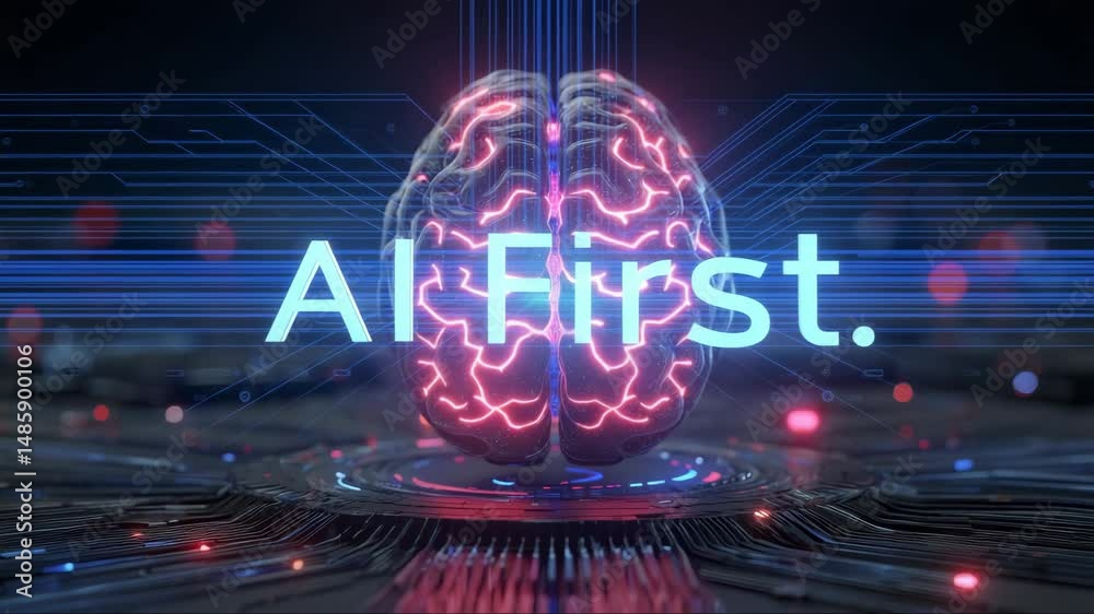Glowing digital brain with AI First text rotating in 3D space, symbolizing a company built fully on artificial intelligence core