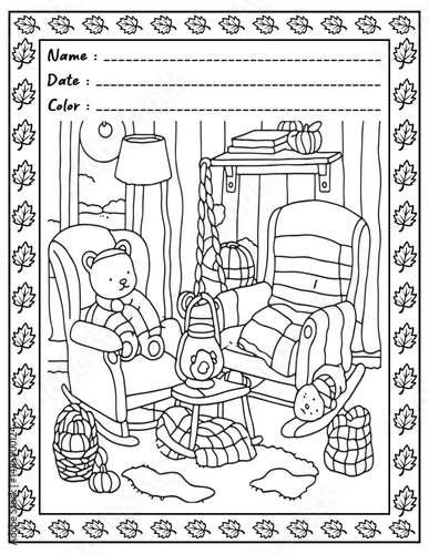 Bold and Easy Cozy Nooks Coloring Book for Adults and Kid.  
High resolution (300 DPI), 
Ready to print on standard 8.5x11 inch paper With (No Bleed), 
Black and White. 
Vector illustration - AI, EPS,