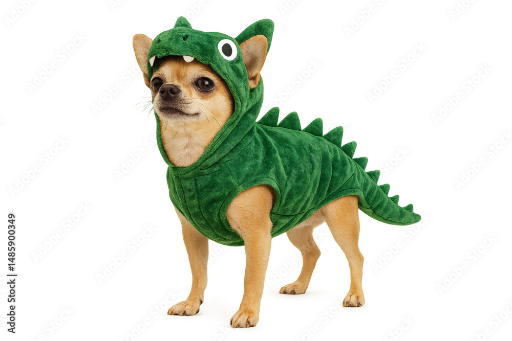 Naklejka premium Adorable chihuahua wearing green dinosaur costume on transparent background, funny dog cosplay outfit
