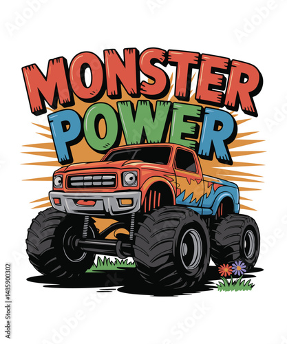 Monster power cartoonist monster truck t shirt design for kids