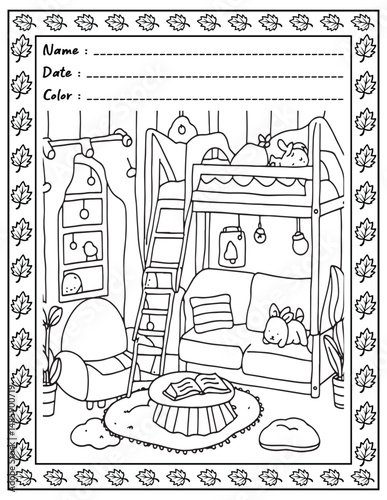 Bold and Easy Cozy Nooks Coloring Book for Adults and Kid.  
High resolution (300 DPI), 
Ready to print on standard 8.5x11 inch paper With (No Bleed), 
Black and White. 
Vector illustration - AI, EPS,