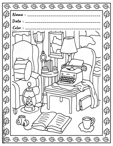Bold and Easy Cozy Nooks Coloring Book for Adults and Kid.  
High resolution (300 DPI), 
Ready to print on standard 8.5x11 inch paper With (No Bleed), 
Black and White. 
Vector illustration - AI, EPS,