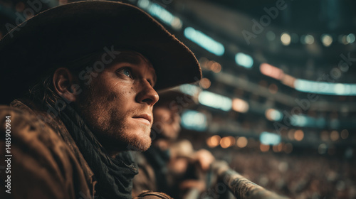 Focused Cowboy Watching Calgary Stampede Rodeo in Arena Lights