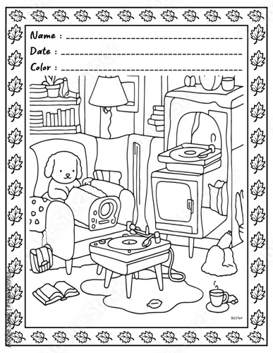Bold and Easy Cozy Nooks Coloring Book for Adults and Kid.  
High resolution (300 DPI), 
Ready to print on standard 8.5x11 inch paper With (No Bleed), 
Black and White. 
Vector illustration - AI, EPS,