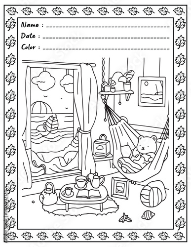 Bold and Easy Cozy Nooks Coloring Book for Adults and Kid.  
High resolution (300 DPI), 
Ready to print on standard 8.5x11 inch paper With (No Bleed), 
Black and White. 
Vector illustration - AI, EPS,