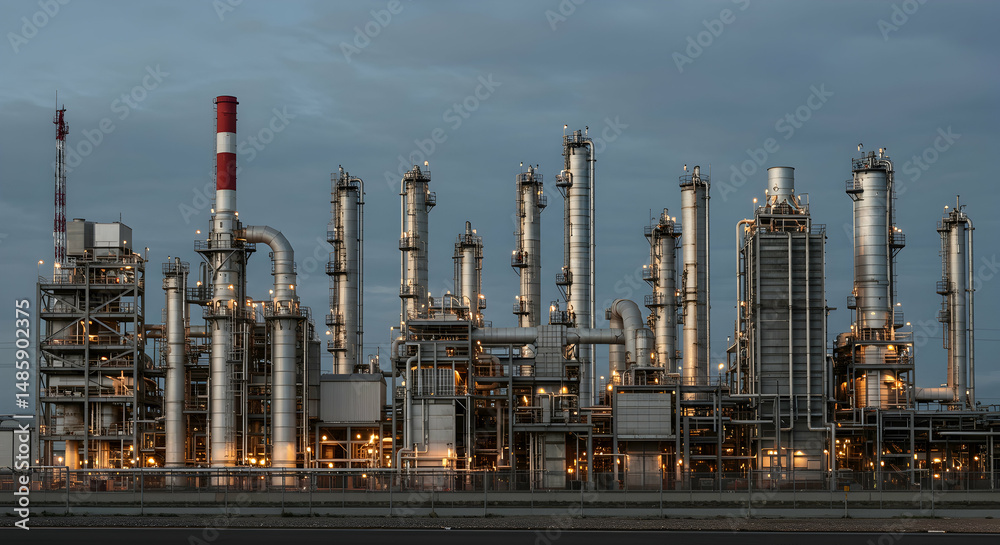 Obraz premium Factory, Plant, Petrochemical, Industrial Refinery at Dusk