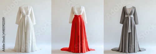 Three elegant maxi dresses in white, red, and gray
