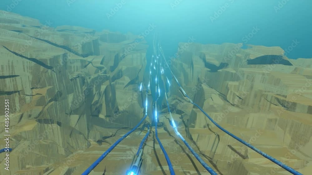 Underwater tunnel with glowing lines.