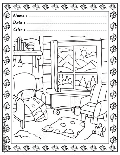 Bold and Easy Cozy Nooks Coloring Book for Adults and Kid.  
High resolution (300 DPI), 
Ready to print on standard 8.5x11 inch paper With (No Bleed), 
Black and White. 
Vector illustration - AI, EPS,