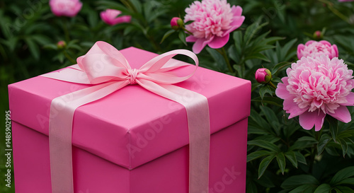 Present, Ribbon, Bow, Pink Gift Box with Peonies