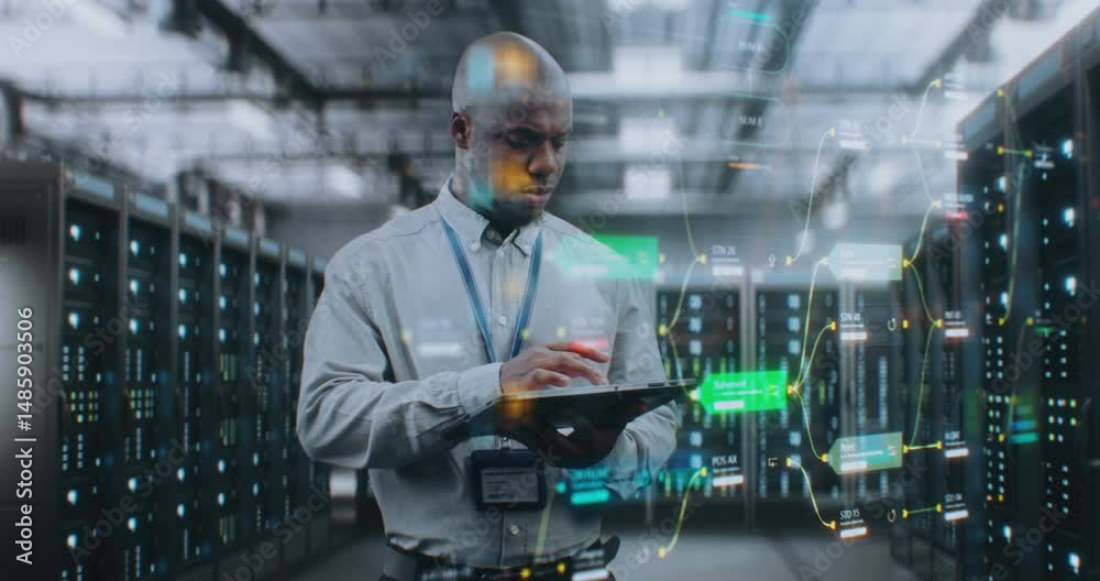 Futuristic Big Data Center with VFX: African American Administrator Using Digital Tablet. Animated Diagrams of Internet Traffic on Servers. Information Technology, Digitalization Concept. Medium Shot.