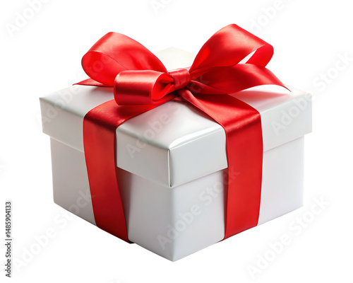 Elegant white gift box with a bright red satin bow and ribbon isolated on black background