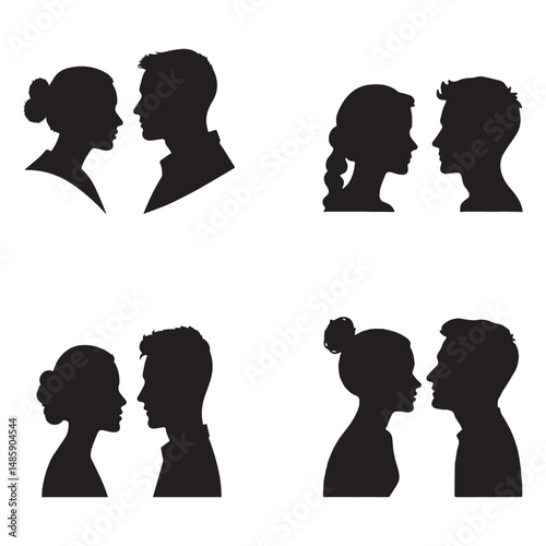 Four couples in profile silhouettes, facing each other.