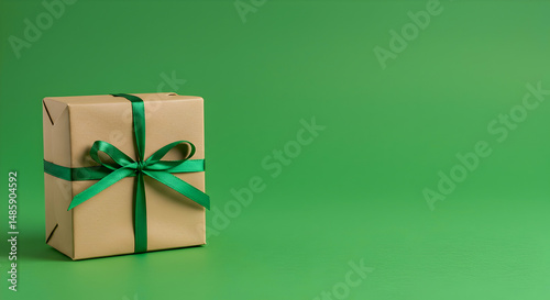 Present, Package, Brown, Eco-Friendly Gift Box with Green Ribbon on Green Background
