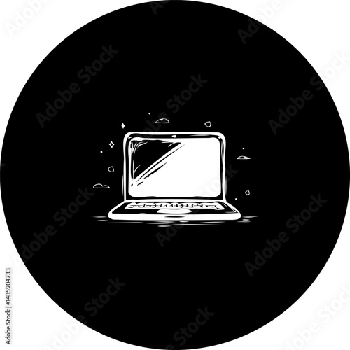 Stylized laptop illustration on a minimalist black background creating visual intrigue
