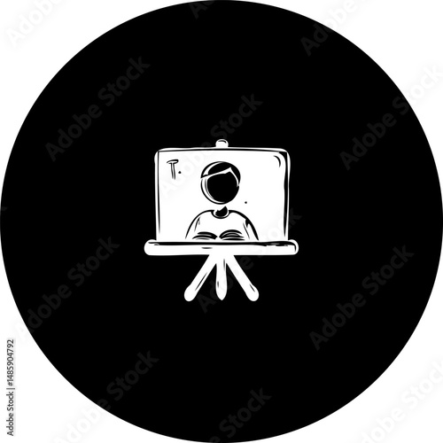 Abstract depiction of a figure presenting before an audience, simple design