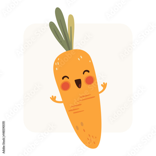 A happy, anthropomorphic carrot character with a joyful expression. This design is perfect for children's books, illustrations, greeting cards, healthy eating campaigns.