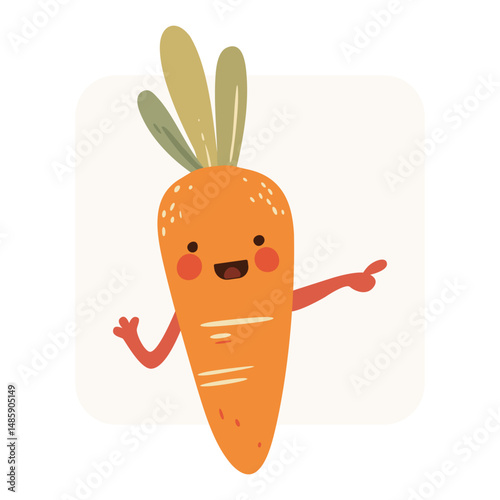 The carrot is bright orange with simplified features, including rosy cheeks and a cheerful expression. The style is friendly and whimsical, making it suitable for children's products.