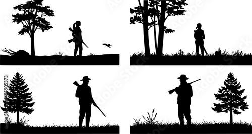 Vector silhouette couple of hunters in forest. Symbol of hunting and nature.

