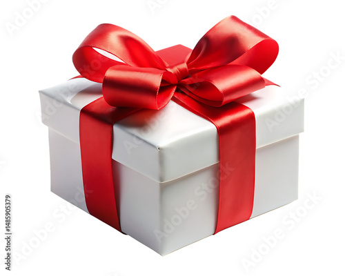 Elegant white gift box with a luxurious red ribbon and bow isolated on black background