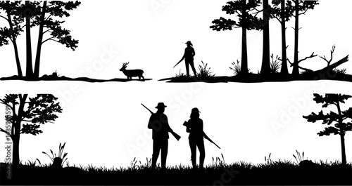 Vector silhouette couple of hunters in forest. Symbol of hunting and nature.
