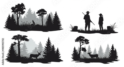 Vector silhouette couple of hunters in forest. Symbol of hunting and nature.
