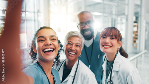 Cuadro en lienzo Selfie, people and doctors in hospital, portrait and teamwork with profile picture, about us and healthcare