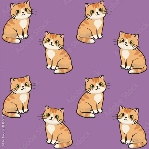 A repeating pattern of cute ginger cats with white chests and paws, sitting upright and looking forward with big, expressive eyes, set against a solid light purple background. 