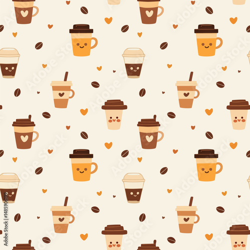 A seamless pattern with various coffee cups and coffee beans. The cups are in different colors and have cute faces. There are also small hearts scattered around.