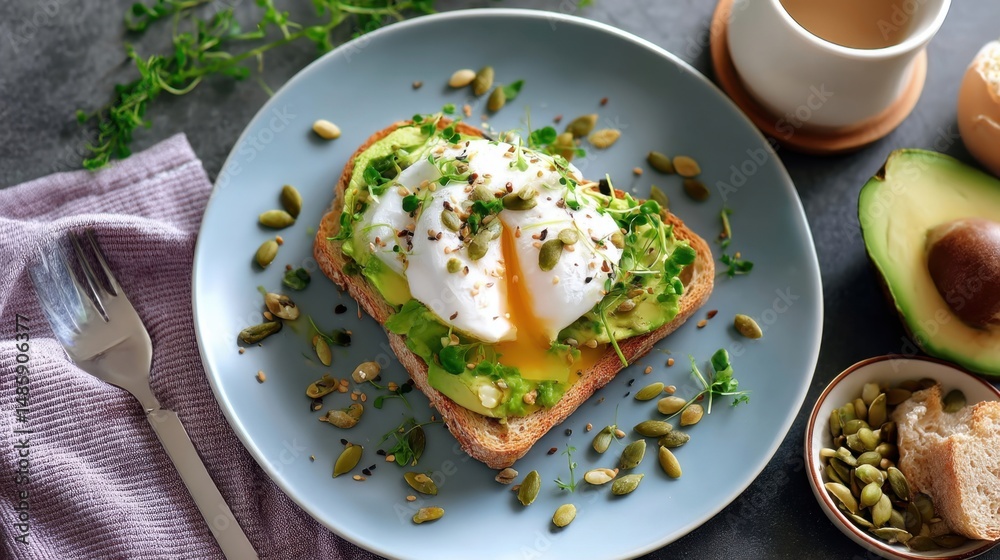 Healthy avocado toast with poached egg and seeds, breakfast flat lay Healthy avocado toast with poached egg and seeds, breakfast flat lay