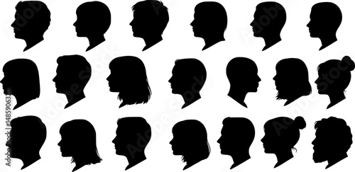 Vector silhouette of set of profile face of different people.
