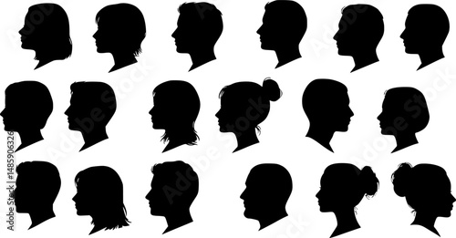 Vector silhouette of set of profile face of different people.
