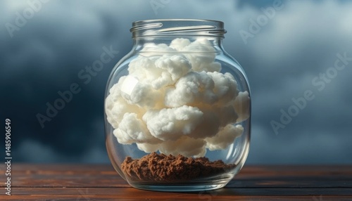 Cloud in a jar with soil, moody sky background