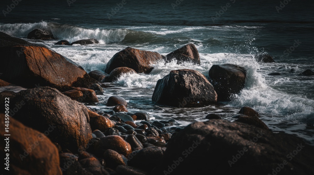 Obraz premium Dramatic Seascape with Waves Crashing on Rocky Shoreline at Sunset Creating Vibrant Textures and Beautiful Reflections