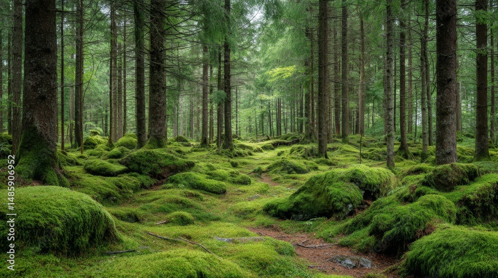 Obraz premium Lush Green Forest Landscape with Moss-Covered Ground in a Peaceful and Tranquil Nature Setting
