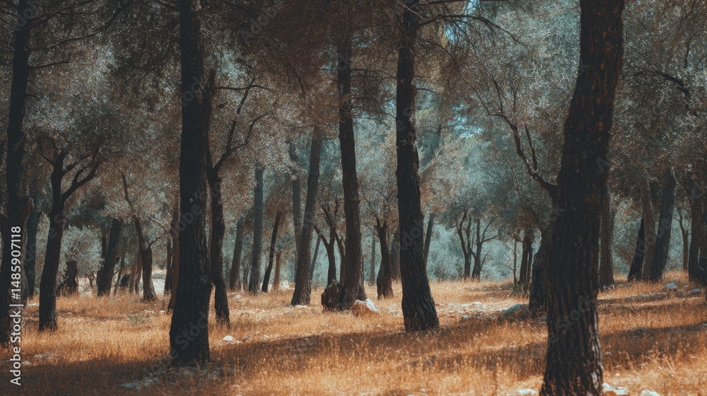 Fototapeta premium Serene forest landscape with olive trees and golden grass under a clear blue sky, a peaceful and tranquil natural setting
