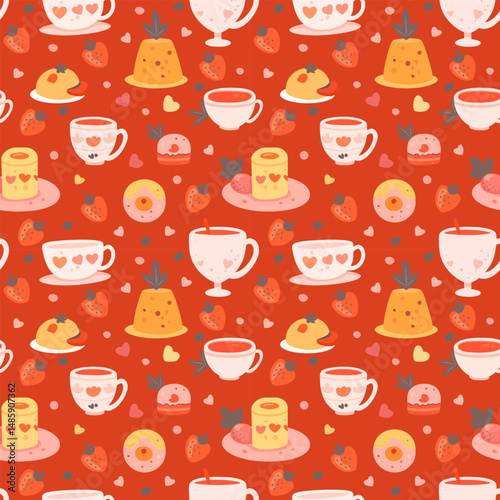Seamless pattern of cute hand-drawn desserts and teacups on a red background. Perfect for Valentine's Day, food blogs, and kitchen decor. Features strawberries, cakes, donuts, and pudding.
