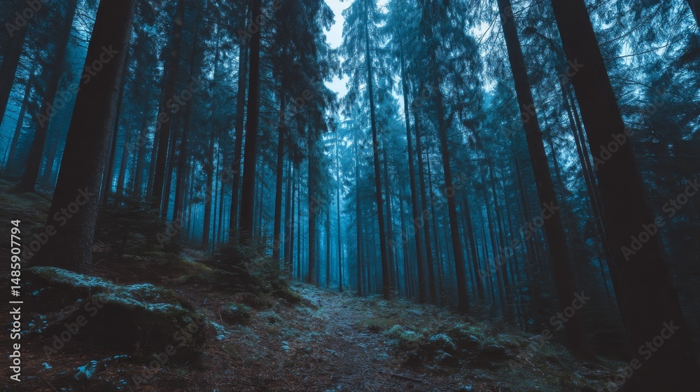 Fototapeta premium Tranquil Blue Forest Scene with Towering Trees and Soft Misty Atmosphere in Nature at Twilight