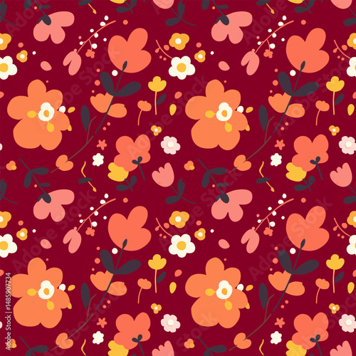 Whimsical stylized flowers in orange, yellow, and white dance on a dark red backdrop in this seamless vector pattern. Rounded petals, delicate stems with tiny leaves, and small white berries.