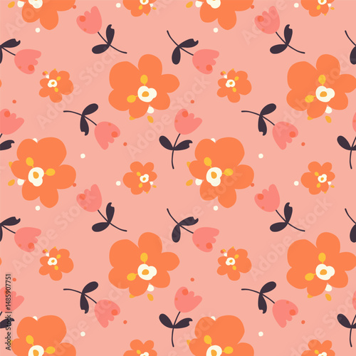 Cute seamless floral pattern with simple stylized orange and pink flowers on a pastel pink background. Flat vector design featuring naive retro style blossoms. 