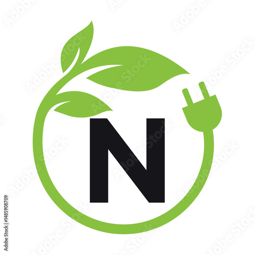 Electric Leaf Logo combine with letter N vector template