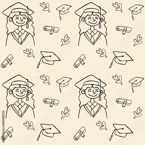 Vector seamless pattern featuring a smiling female graduate wearing. Accompanied by hand-drawn elements such as a diploma, graduation cap, and laurel leaves. 