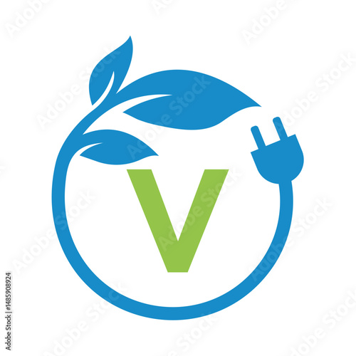 Electric Leaf Logo combine with letter V vector template
