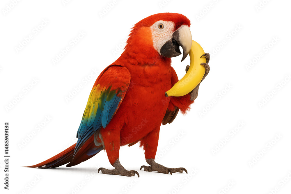Fototapeta premium Red Parrot Holding Banana on Transparent Background