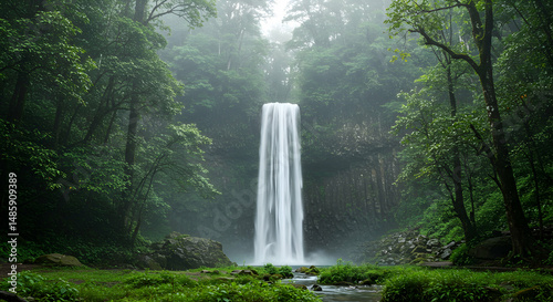 Fog, Lush, Green, Majestic Waterfall in Misty Rainforest