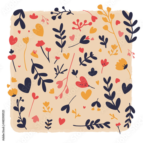  floral pattern with hearts and leaves. Pastel colors on a beige background. Perfect for wallpaper, textile, and packaging.