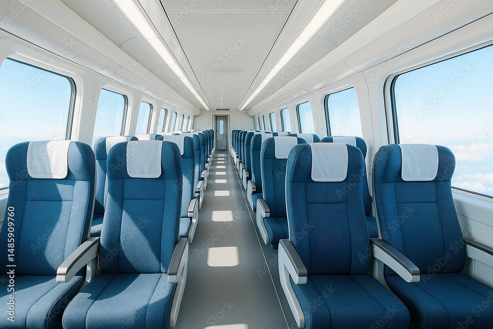Fototapeta premium Modern Empty Train Seats in Railway Carriage with Perspective View Under Clear Sky in High Key Lighting Captured by DSLR