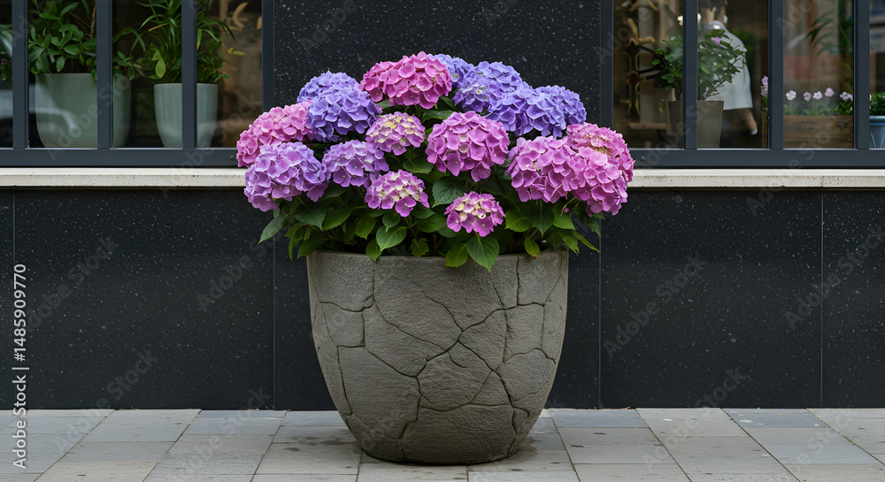 Fototapeta premium Flower, Flowers, Purple, Potted Hydrangeas in front of a building
