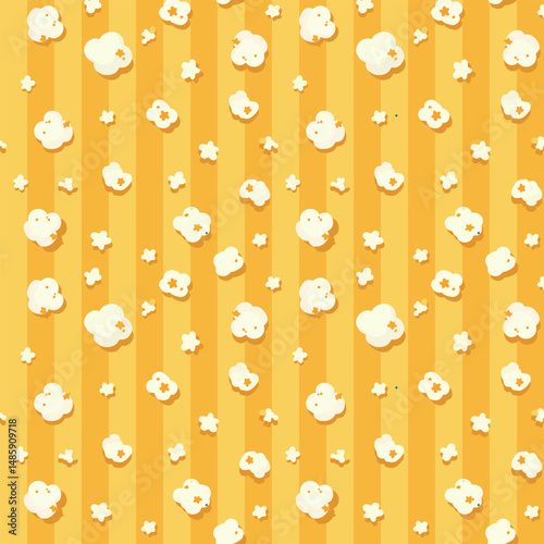 Seamless pattern of popcorn on a striped yellow background.